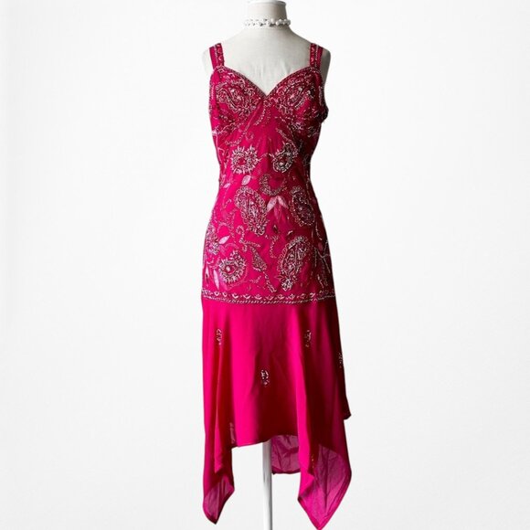 Vintage Pink Floral Beaded Midi Babydoll Bodycon Cocktail Dress Size L - Picture 4 of 11